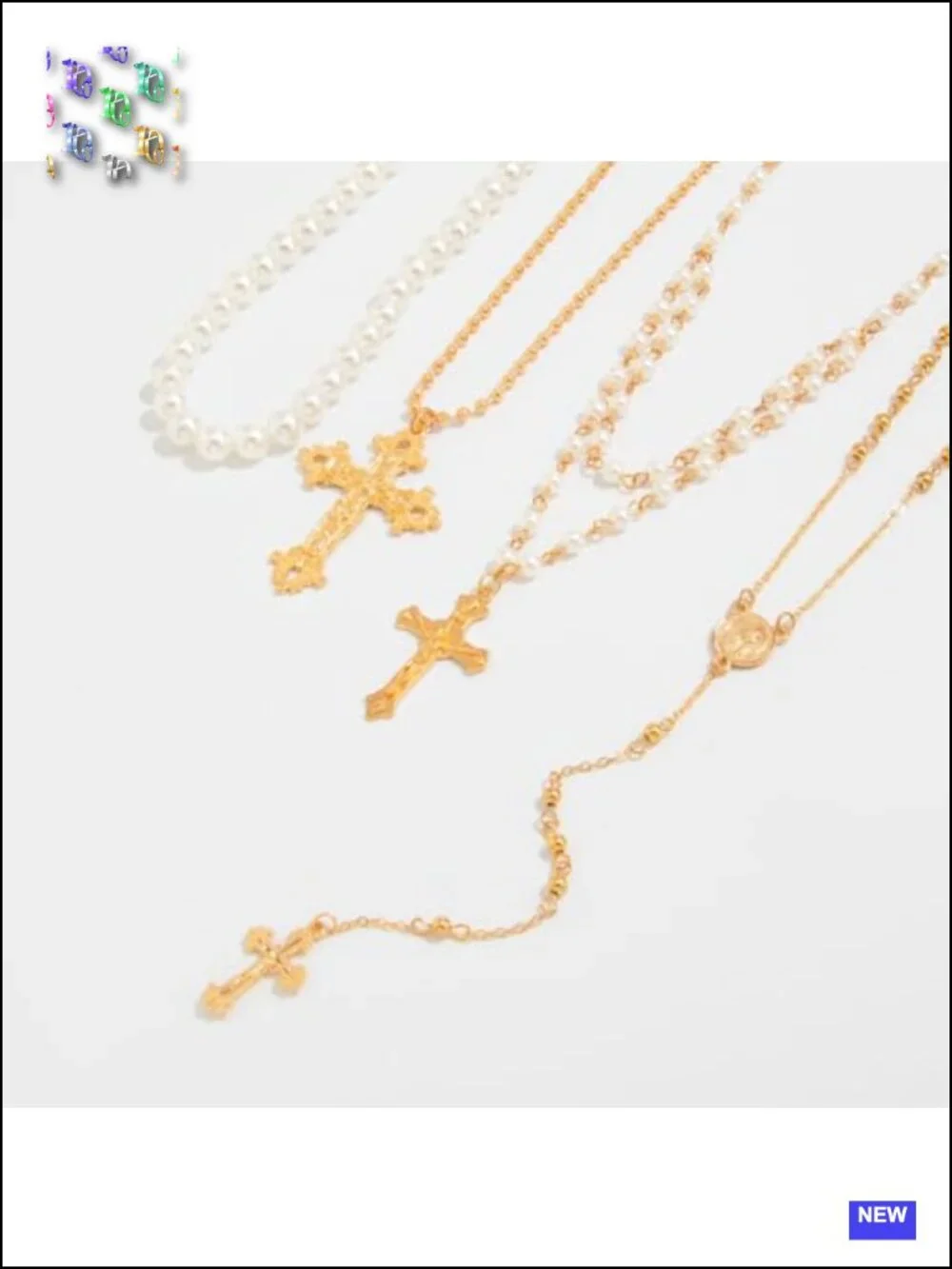 Layered Cross Necklace Set - Multi Chain Pendant Jewelry with Rhinestone Accents